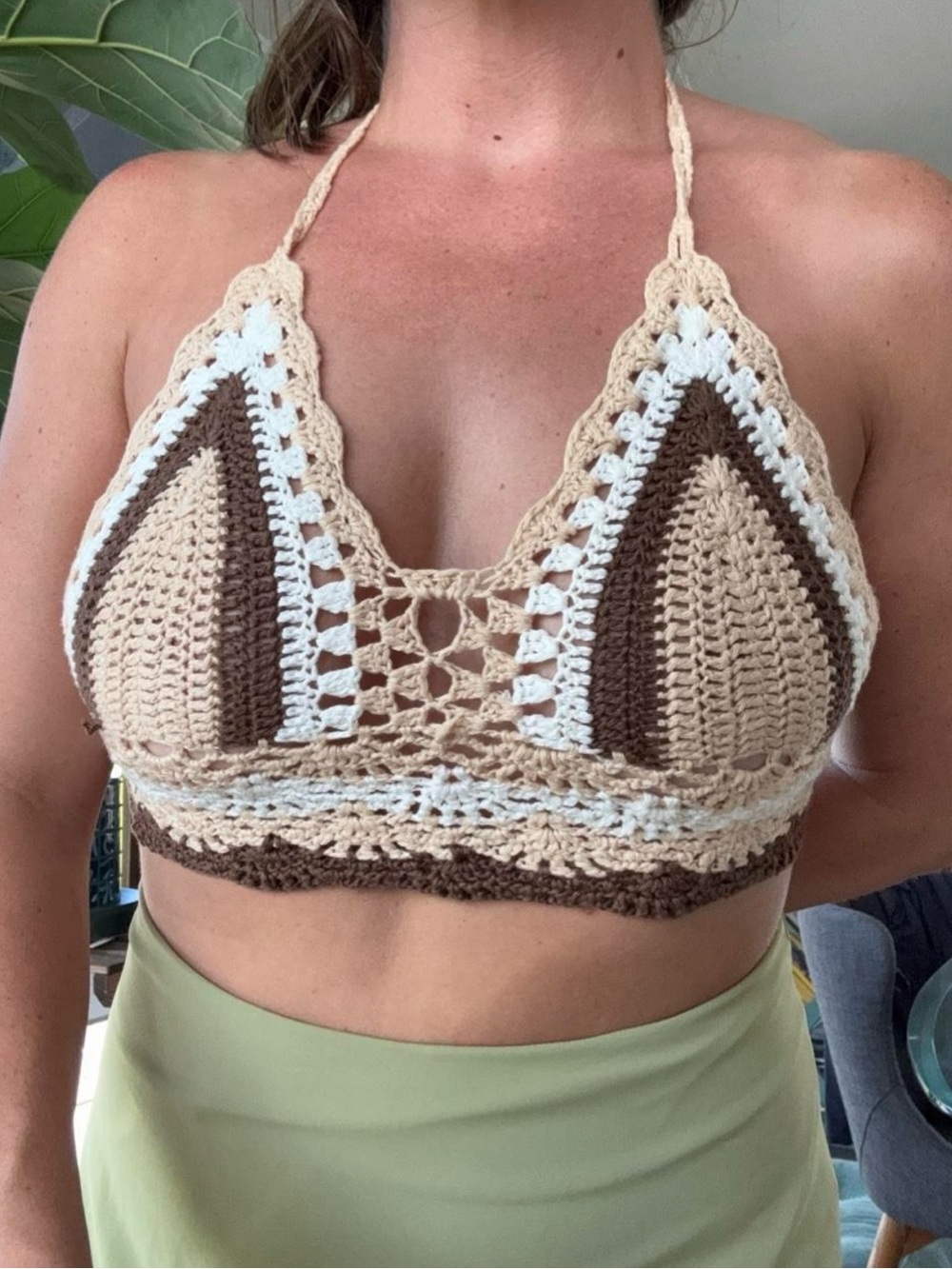 Crocheted Triangle Halter Bralette in Beige, Brown & White